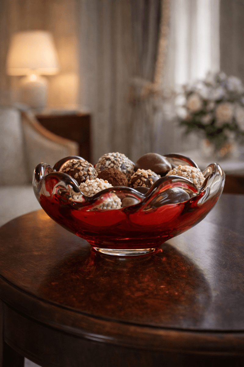 Konfektskål, rosa og blank