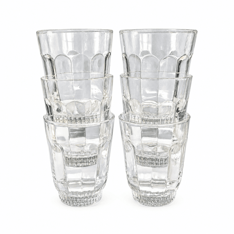 6 melkeglass i pressglass – klart glass med buedekor