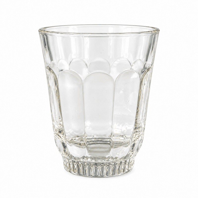 6 melkeglass i pressglass – klart glass med buedekor